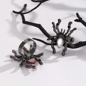 Macro detail of Gothic spider ring featuring red crystals and dark alloy finish