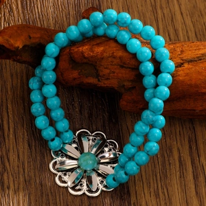 Retro Western double-layer turquoise beaded bracelet with large silver flower pendant