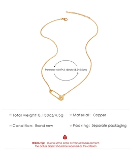 Vista detallada del collar con colgante de imperdible dorado con medidas y material
