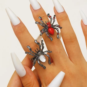 Gothic spider open ring set with red and white gemstones for Halloween festive jewelry
