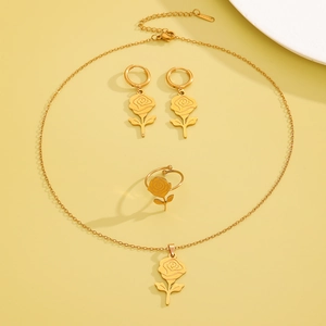 Elegant 18K gold plated stainless steel rose flower pendant necklace and jewelry set