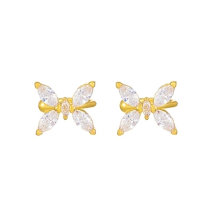 Elegant gold butterfly ear clips with zircon crystals for non-pierced ears in pair