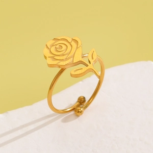 Elegant 18K gold plated stainless steel 3D rose flower open ring for women