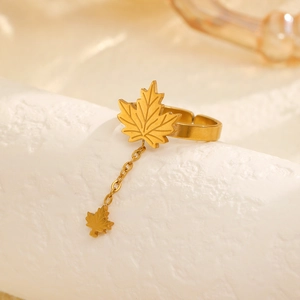 Elegant 18k gold plated stainless steel maple leaf tassel ring with adjustable opening
