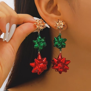 Orecchini a Goccia con Fiocco Regalo di Natale per Donna in Metallo Galvanizzato Rosso Verde Oro Argento con Nodo a Nastro Gioielli alla Moda