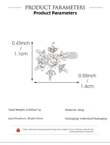 Detailed size specifications for silver snowflake earrings with sparkling rhinestones