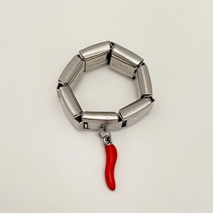 Detailaufnahme der Edelstahl-Armbandglieder und eines roten Chili-Anhängers