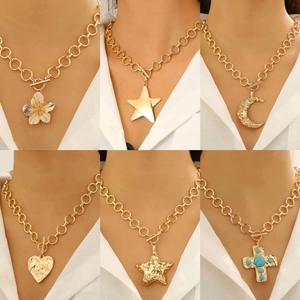 Collana Catena Grossa in Lega Pendente Stella Cuore Croce Chiusura Toggle Oro Argento Punk Hip Hop Gioielli Donna