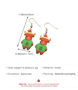 Detailed view of Christmas cow earrings in acrylic with dimensions and silver hook details
