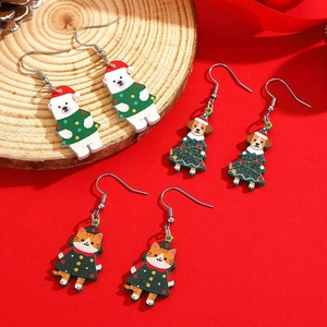 Cute Christmas animal earrings set featuring polar bear dog and cat on festive background