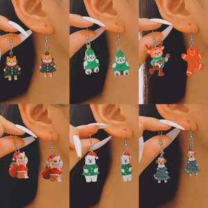 Christmas Cartoon Animal Wooden Drop Earrings Cute Cat Polar Bear Gingerbread Man Festive Party Jewelry For Women Girls