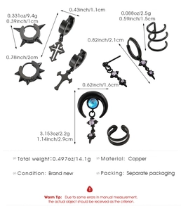 Detail view of black punk earring set showing sizes and copper material specs