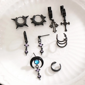 Gothic punk black metal earring set with spike studs and purple zircon stones