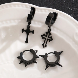 Punk black rivet spike and cross earrings set in stainless steel for street hip-hop style