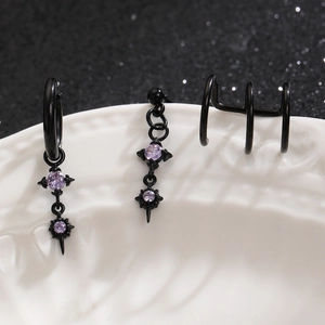 Gothic punk black metal earrings set with purple zircon stones and cross pendant charms