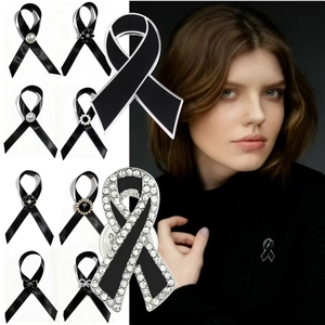 Classic Black Pink Red Satin Awareness Ribbon Brooch Pin Alloy Enamel Bow Faux Artificial Pearl Rhinestone Awareness Lapel Pin Jewelry