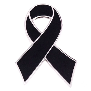 Black awareness mourning ribbon lapel pin with silver metal edge in a classic cross design