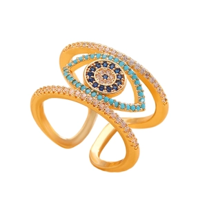Detailed macro view of the evil eye ring with blue stones and golden finish