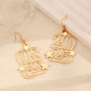 Close-up of gold 2025 glitter earrings with hollow number design and small stars