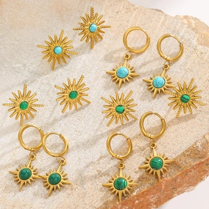 Böhmisches Edelstahl Sonnenstrahl Schmuckset Künstlicher Türkis Malachit Anhänger Halskette Ohrstecker Für Damen