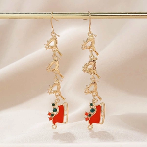 Pendientes colgantes de Navidad con reno y trineo rojo bañados en oro de 14K