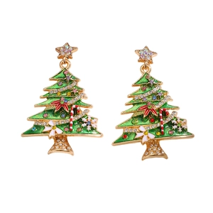 Christmas tree drop earrings with green enamel and rhinestone star in gold finish
