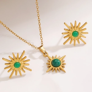 Retro Edelstahl-Schmuckset mit Sternenschliff-Halskette und grünen Edelstein-Ohrringen