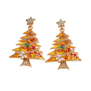 Detailed shot of golden Christmas tree earrings with colorful crystals and star studs