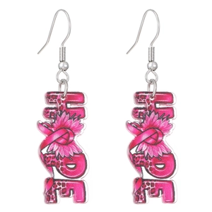 Detailaufnahme der rosa Acryl-HOPE-Ohrringe mit Brustkrebs-Bewusstseinsschleifen