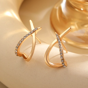 Elegant gold-plated criss-cross X-shaped earrings with sparkling cubic zirconia accents