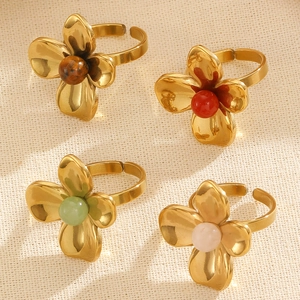 Chic gold-plated stainless steel flower rings with colorful natural stones set of four