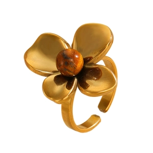 Golden flower ring with natural tiger eye stone and adjustable stainless steel band