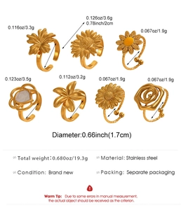 Macro detail of adjustable floral rings in stainless steel with 18k gold plated finish