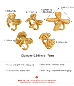 Detail showing 18k gold plated stainless steel bow rings with weight and size specifications