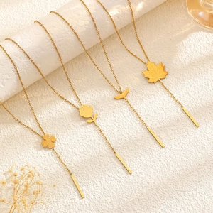 Elegant 18k gold plated stainless steel Y-necklaces with flower and leaf pendants