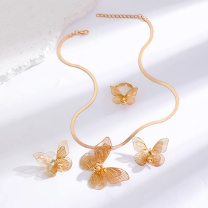 Golden jewelry set featuring hollow butterfly pendants on a sleek flat snake chain