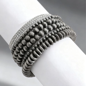 Punk style layered beaded bracelet set with rhinestones and industrial grey metal beads