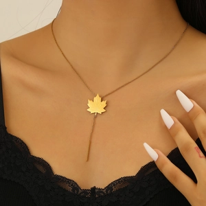 Elegant 18k gold plated stainless steel necklace with maple leaf pendant and long tassel