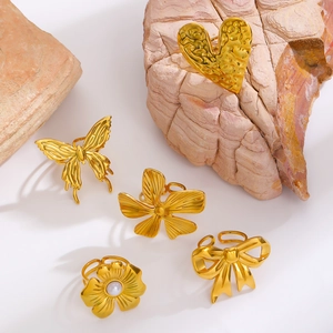 Set of 18k gold plated stainless steel open rings with flower and butterfly designs