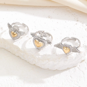 Gothic Retro Herz und Flügel Ringe Set mit Zirkonsteinen in Gold- und Silberoptik