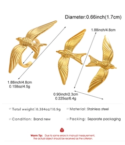 Detailed view of 18k gold plated stainless steel bird wing ring with specific dimensions