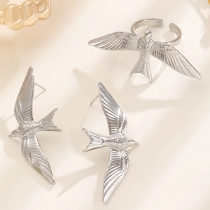 Vintage 18k gold stainless steel open ring and bird wing earrings jewelry set