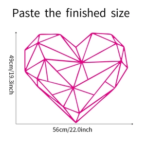 Detailed size specifications for geometric pink heart wall sticker measuring 56x49 cm