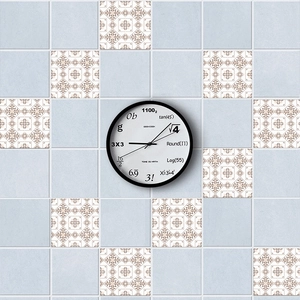Close-up of GeekCook math wall clock featuring complex equations on a tiled wall