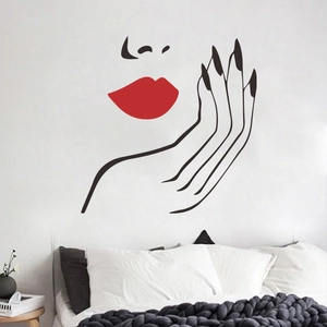 Artistic wall sticker featuring red lips and hand silhouette for bedroom decor