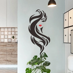 Muursticker vrouwelijk silhouet met lang zwart haar en rode lippen voor decoratie
