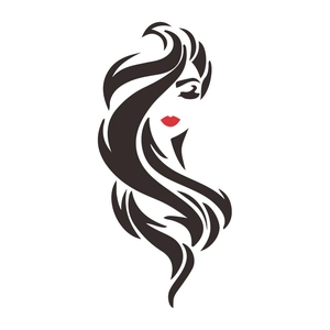 Minimalistische muursticker van een vrouw met zwart haar en rode lippen voor de slaapkamerdecor