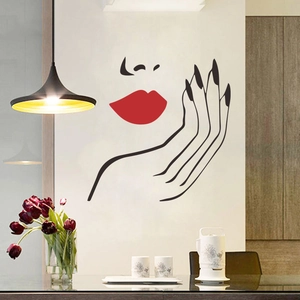 Minimalist female profile wall sticker with red lips and black artistic lines for bedroom