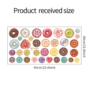 Detailed sheet showing 60x30cm layout of colorful cartoon donut wall stickers