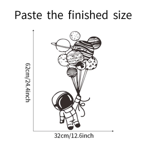 Detail showing space astronaut wall sticker with planet balloons and dimensions